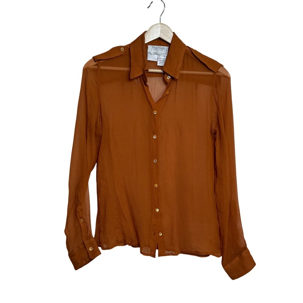 Max Mara Pure Silk Sheer Button Up Blouse Top Burnt Orange Made in Italy Size 2‎